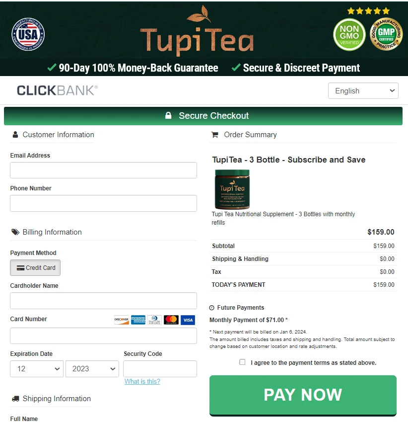 TupiTea check out page